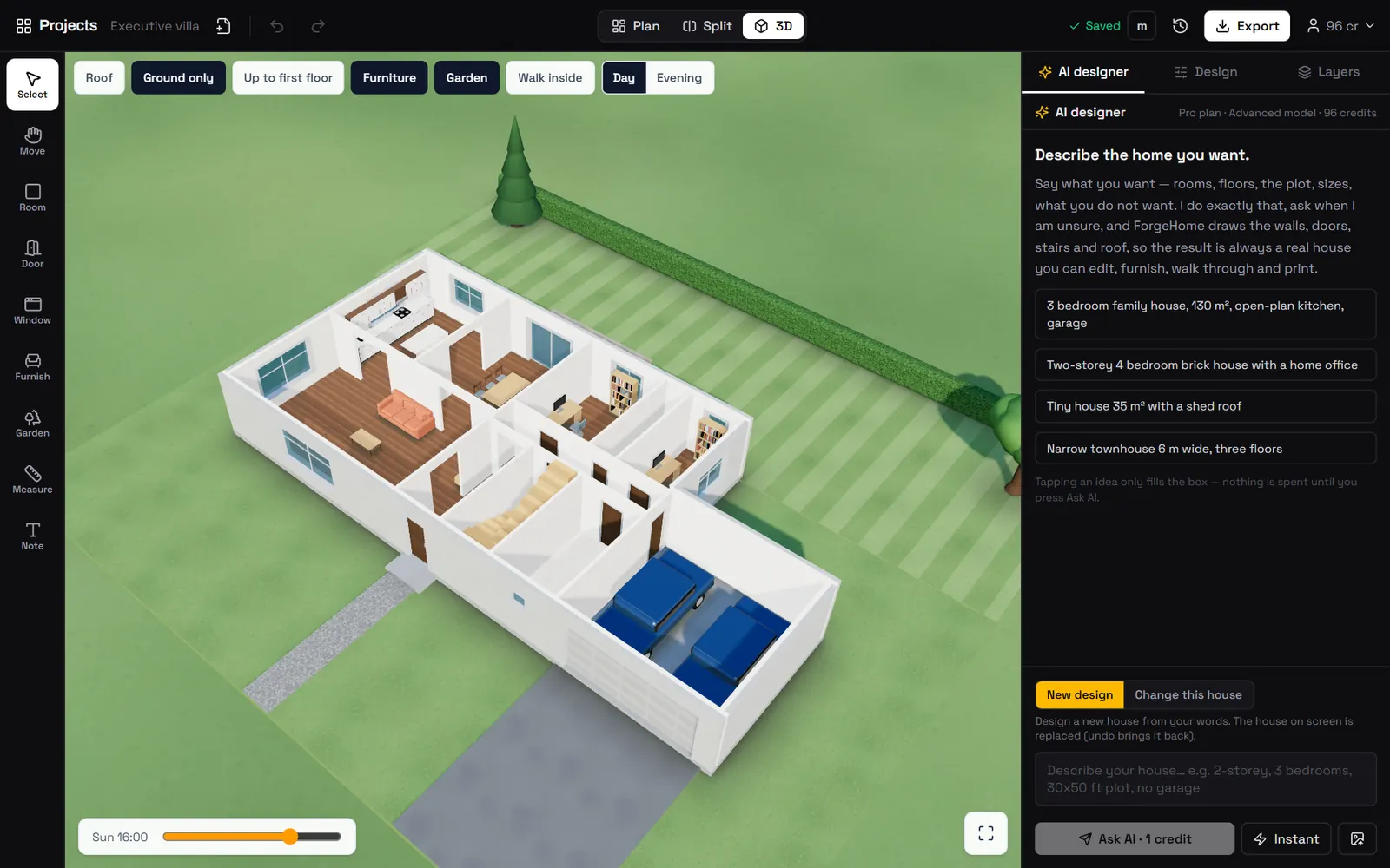 A 3D cutaway of a furnished ground floor in ForgeHome, with the roof lifted off.