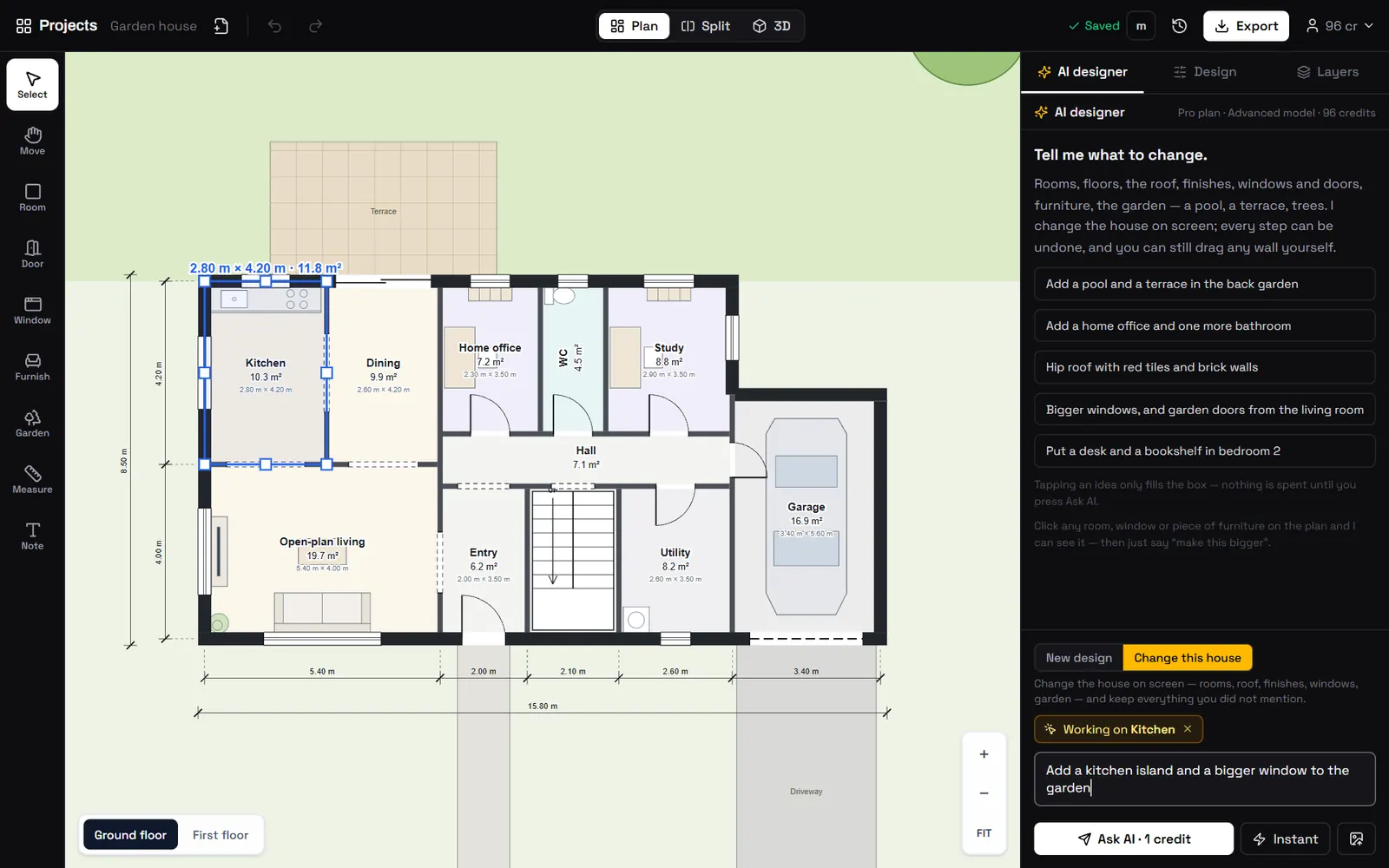 ForgeHome floor plan with the kitchen selected and its size shown, while the AI designer panel says "Working on Kitchen" and a request is typed in.
