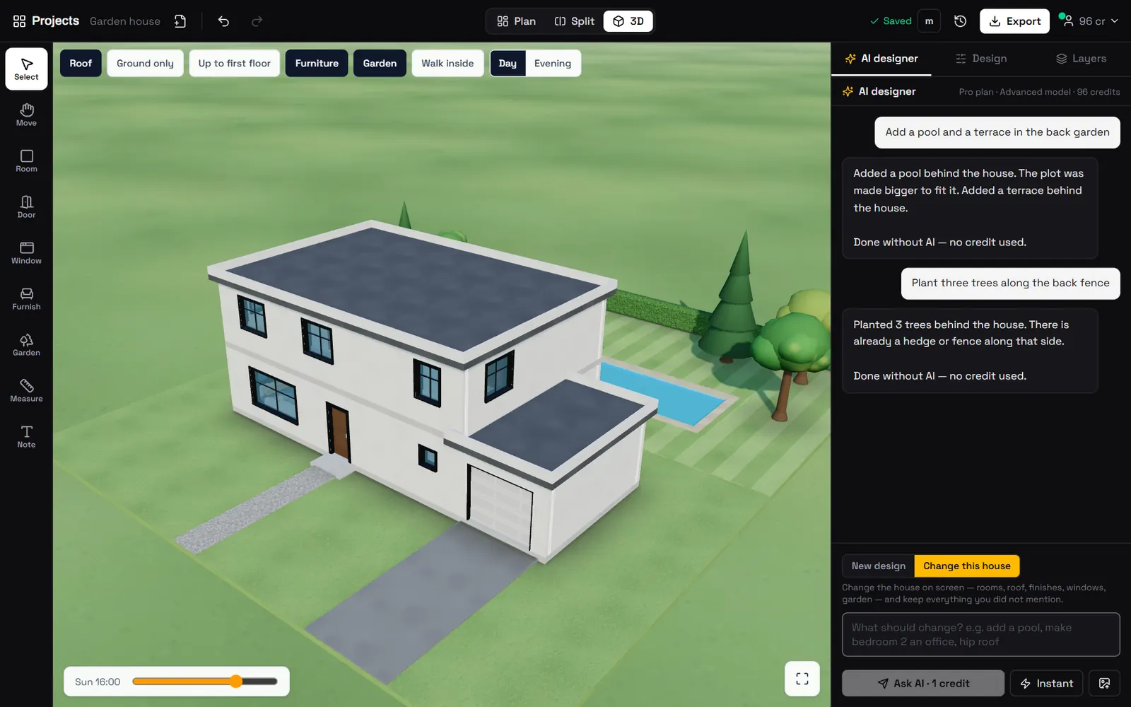 The ForgeHome workspace: a two-storey house in 3D with a pool, a terrace and trees, next to the AI designer conversation that added them.
