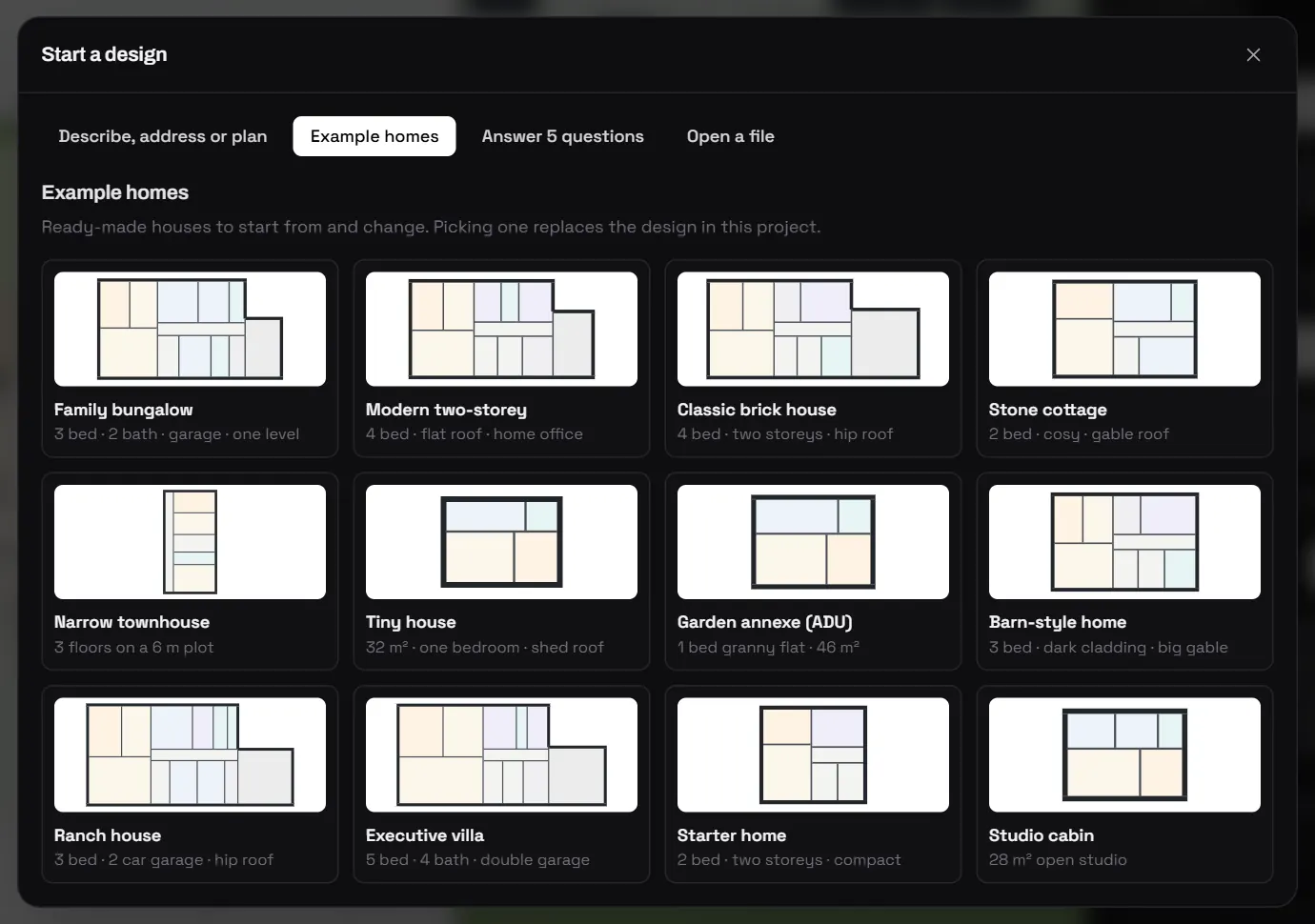 The 12 example homes in ForgeHome, each shown as a small floor plan: from a family bungalow to an executive villa.