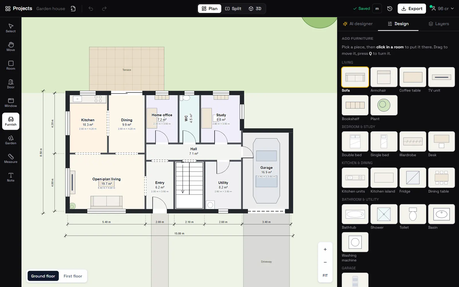 The ForgeHome floor plan editor: a ground floor with dimensions and room areas, and furniture picked from picture tiles on the right.