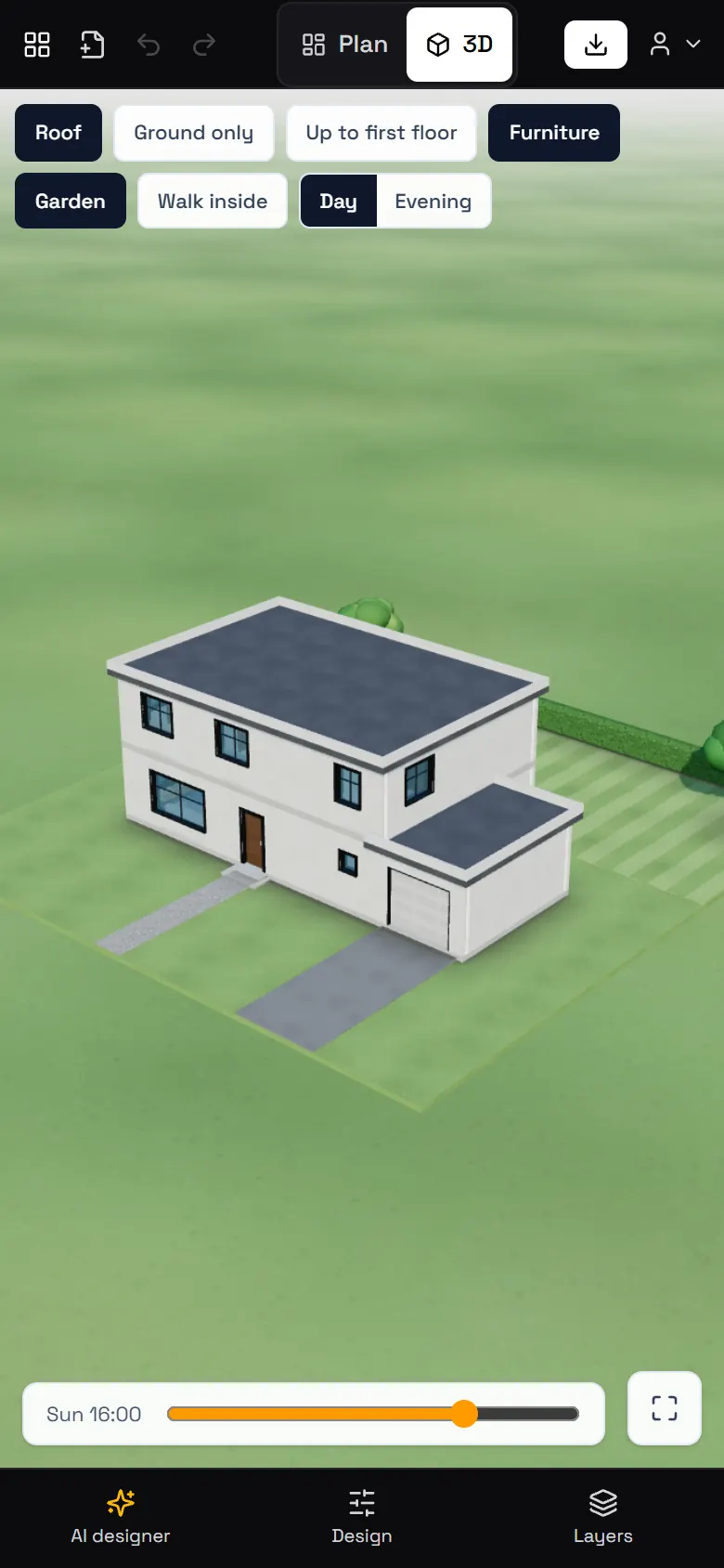 ForgeHome on a phone: a house in 3D with the AI designer, Design and Layers tabs at the bottom.