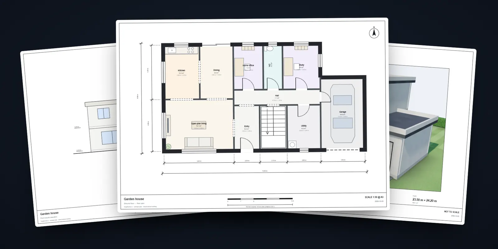 Three sheets from a real ForgeHome PDF export: a front elevation, a ground floor plan at 1:50 on A3 with a scale bar, and a 3D cover page.