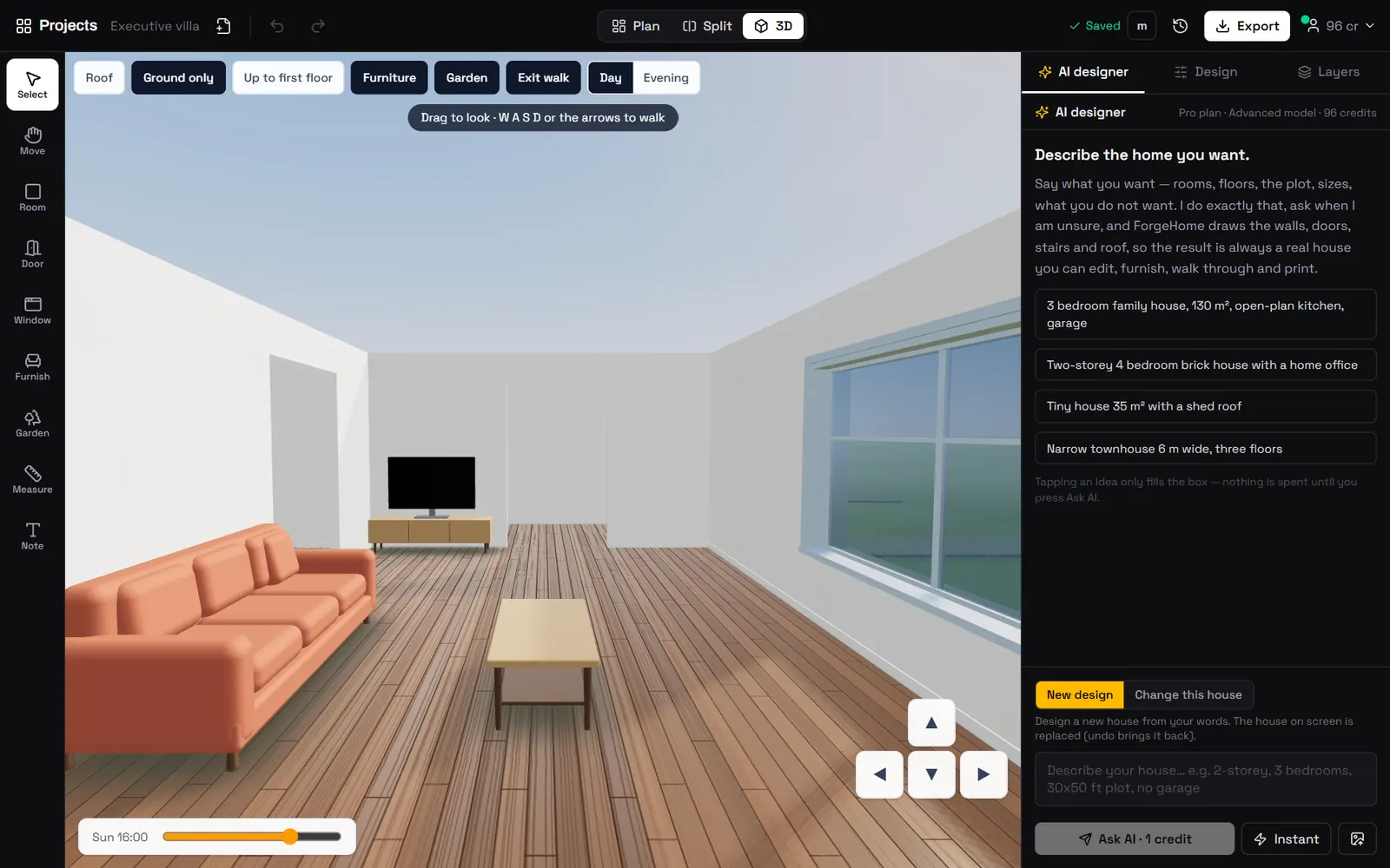 Walking inside a ForgeHome house in 3D: a living room with a sofa, a coffee table and a large window.